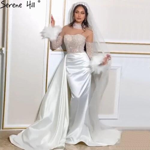 Serene Hill Muslim Ivory Mermaid Wedding Dresses 2021 Luxury Feathers Beading Elegant Bridal Gowns HA2469