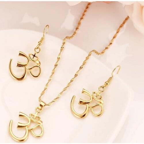 Hindu Buddhist AUM OM Necklace earring Hinduism Yoga India Outdoor Sport Gold Yoga Women Jewelry set wedding bridal party gifts