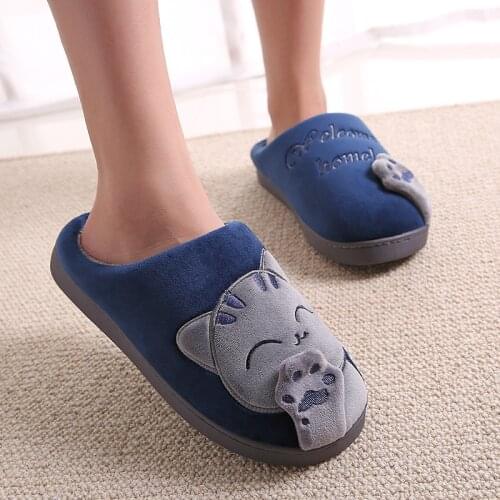 Men Slippers Cat Pattern Winter Home Slippers with Plush Flat Heel male Slipper Warm Indoor Slide Shoes zapatos hombre