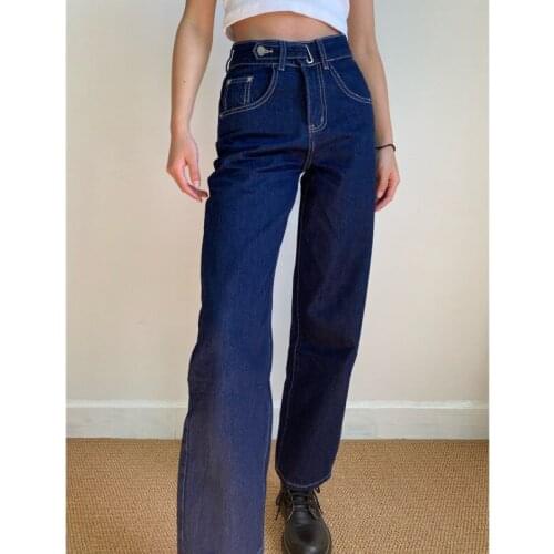 WOMENGAGA Autumn Clothes High Street Waist Detail Bright Line Washed Denim Trouser Women Fashion Loose Straight Jeans Woman NDKD