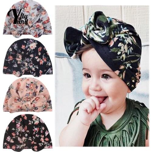 Yundfly Soft Comfortable Polyester Cotton Baby Turban Hat Fashion Print Bowknot Toddler Caps Infant Headwear Photography Props