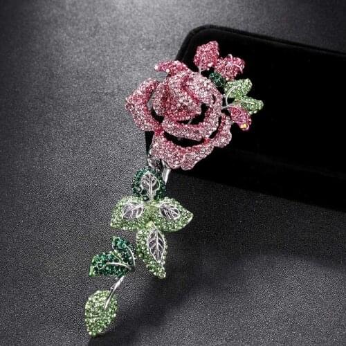 Big size Enamel Pink blue Rhinestone Wedding Brooches Jewelry For Women Anniversary Jewelry Brand Rose Flower Hijab Pins Broches