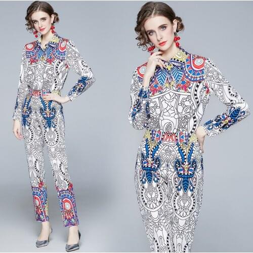 Spring Summer Fall Runway 2 Piece Womens Ladies Sets Retro Vintage Print Collar Long Sleeve Top Shirt Blouse Pant Suits Outfits