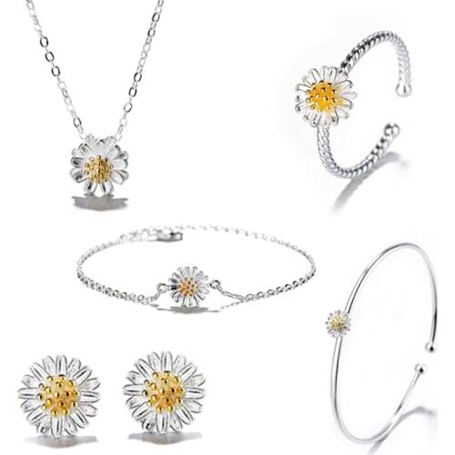 New Arrival Jewelry set 925 Sterling silver Daisy sunflower chrysanthemum necklace+ring+bracelet+earrings for women bijoux femme