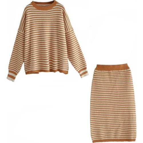 PERHAPS U Yellow Black Crew Neck Long Sleeve Knitted Midi Skirt Striped Set Women 2 Two Pieces Elegant Chic T0256