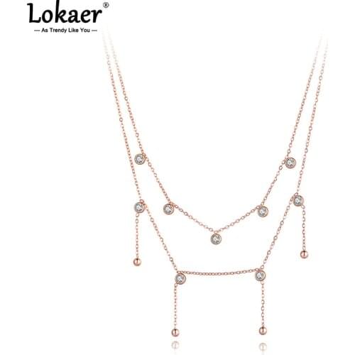 Lokaer Goth Stainless Steel White CZ Crystal Charm Pendant Necklaces Bohemia Double Layer Choker Necklace For Women Girls N21109