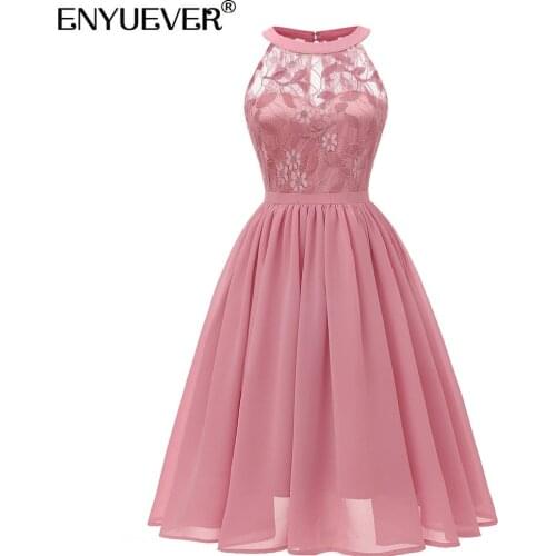 Enyuever Elegant Pink Lace Dress 2021 Chiffon Sleeveless Swing Halter Robe Wedding Party Dresses Women Evening Clothes Vestidos