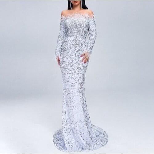 2021 Elegant Black Silver Feathers Sequined Women Dress Evening Celebrity Party Mermaid Long Maxi Off The Shoulder Vestidos