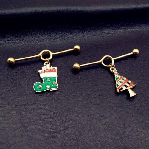 1pc Quality Christmas socks tree gold Fashion Earring Stainless Steel Industrial Piercing Barbell Cartilage Tragus Body Jewelry