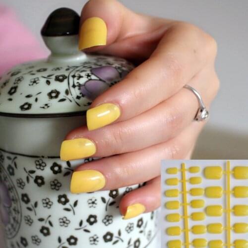 24pcs Lemon Yellow False Nails Square Press On Nail Artificial Short Nail Tips For Women Student Fingernail Set