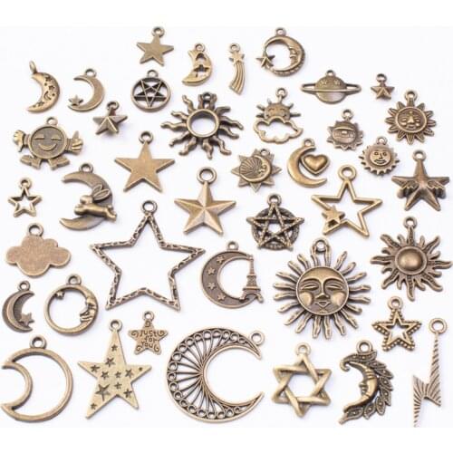 40Pcs Mixed Size Antique Bronze Color Moon Star Sun Charms Zinc Alloy Earring Pendant For DIY Bracelet Necklace Jewelry Making