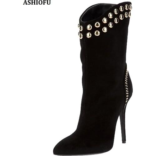 ASHIOFU New Handmade Womens Mid-calf Boots Rivets Spikes Party Prom High Heel Boots Club Evening Fashion Short Boots Shoes