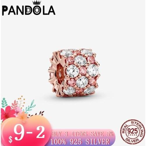 Luxury 925 Sterling Silver & Rose Gold Color Pink & Clear Sparkle Charms Beads Fit Original Pandora Bracelet Bangle Jewelry Gift