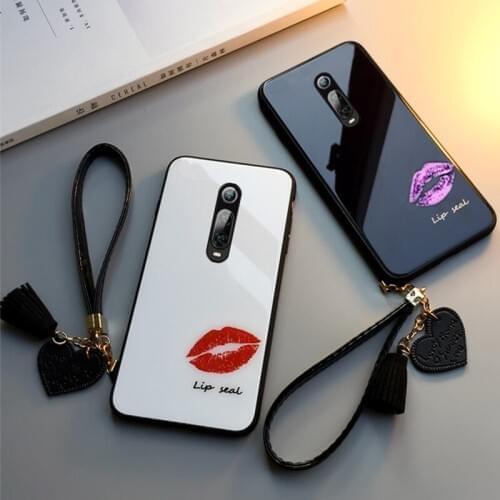 Case & Strap For OPPO F11 F7 F9 F5 phone Cases Fashion lip print Tempered Glass Hard back Cover For OPPO F11 Pro f5 f7 f9 case