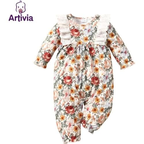Autumn Winter Newborn Baby Girl Flower Printed Lace Romper Clothes Infant Girls Rompers Long-Sleeves Cotton Floral Jumpsuit
