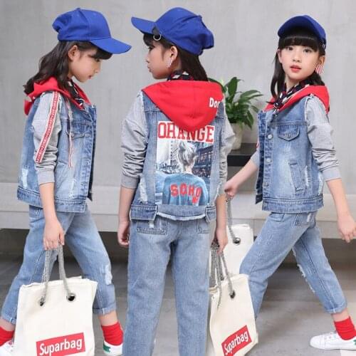 Girls 4-14 Years Casual Fashion Color Patchwork Letters Print 2PCS Hooded Jeans Coats+ Pants Clothing Sets Autumn Jeans Sets
