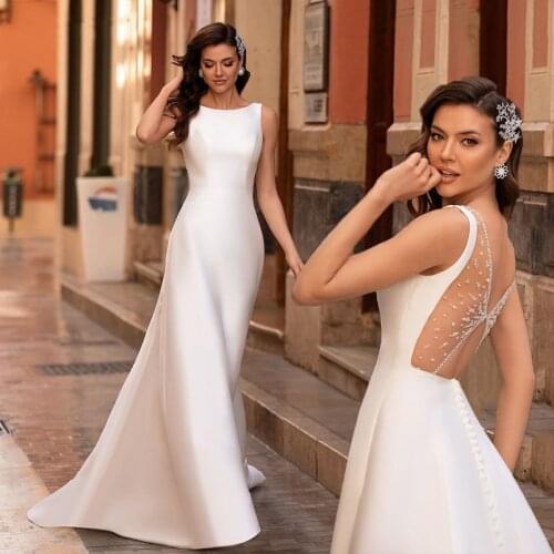 Elegant Mermaid Wedding Dresses Back Design Illusion Sleeveless Satin Bridal Gowns Floor Length Vestidos De Novia Custom Made