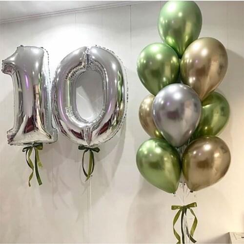 12inch Chrome Metallic Fruit Green Latex Helium Balloons 32inch Silver Number Foil Balls Kids Adult Birthday Anniversary Decora