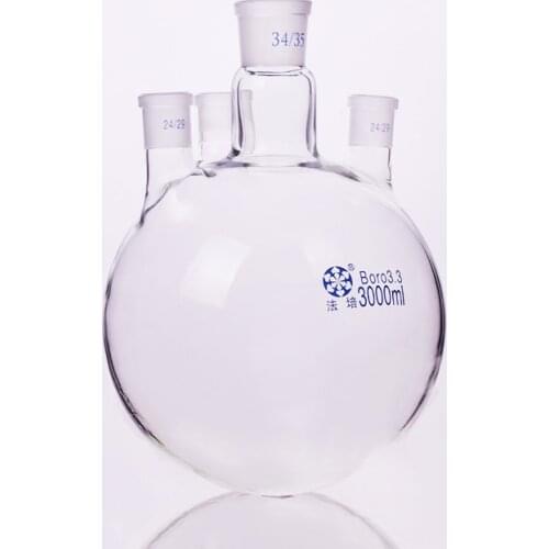 Four-necked flask straight shape,with four necks standard ground mouth,Capacity 3000ml,Middle joint 34/35,lateral joint 24/29