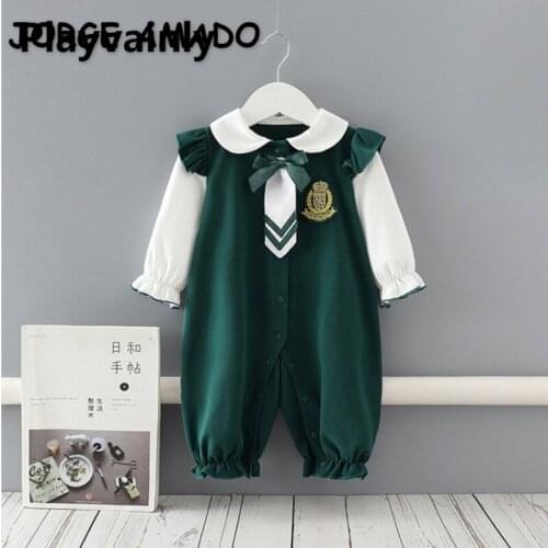 2021 New Spring Baby Long Sleeve Romper Dark Green Student Style Tie Suit Boys Girls Clothes E9102