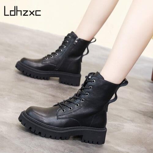 LDHZXC 2020 Ins Hot Motorcycle Boots Women Fashion Genuine Leather Ankle Boots For Women Chunky Platform New Party Shoes Woman