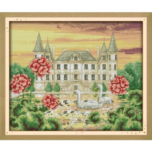 The swan castle cross stitch kit 14ct 11ct count printed canvas stitching embroidery DIY handmade needlework
