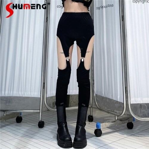 Harajuku Summer Hot Dance Pants Womens Personality Hollow Out Slim Fit High-Elastic Sports Pants Female Detachable Trouser