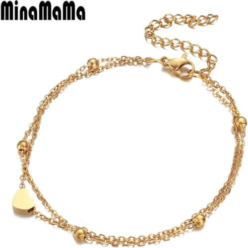 Stainless Steel Thin Bead Chain Heart Anklet For Women Double Layer Foot Anklet Sandals Bohemian Beach Leg Jewelry