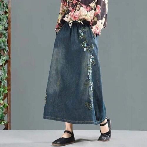 Fashion embroidery 100% cotton denim skirts female college style elastic waist was thin retro ripped long skirts wq1784 factory