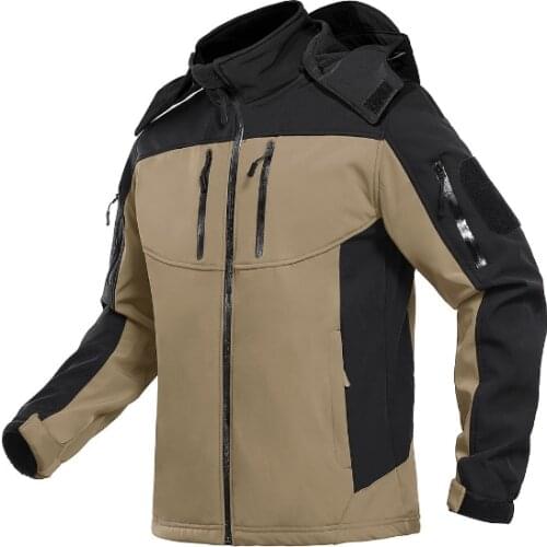 Multi Zipper Pocket Waterproof Tactical Jackets Mens Fleece Lining Outdoor Jacket Stand up Coat W/ Hoodie Windbreaker