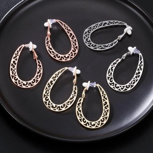Non Pierced Vintage Gold Silver Color Metal Hollow Carved Clip on Earrings for No Hole Women Geometric Ear Clips Indian Jewelery