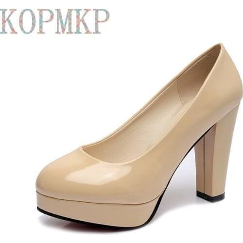 2021 New Women Dress Shoes Round Toe Square Heeled Pumps High Heels Patent Leather Ladies Zapatos Mujer Slip-On Plus Size 33-43