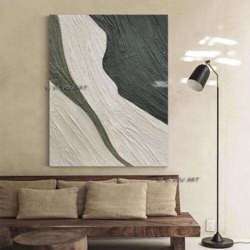 Hand Painted Contemporary Green and White Abstract Oil Painting Minimalist Modern On Canvas Wall Art Decorative For Living