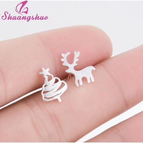 Shuangshuo New Fashion Tiny Cute Christmas Tree Elk Stud Earrings for Women Elk Deer Earing boucle d oreille Valentines Day Gift