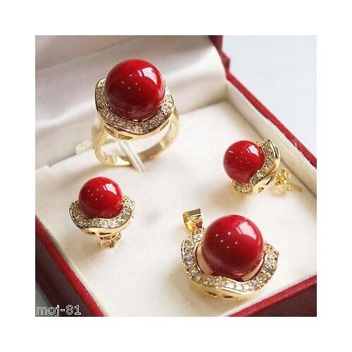 Nobility Lucky Women Set 10mm &14mm Red South Sea Shell Pearl Earrings Necklace Ring 6 7 8 9 hook mujer moda
