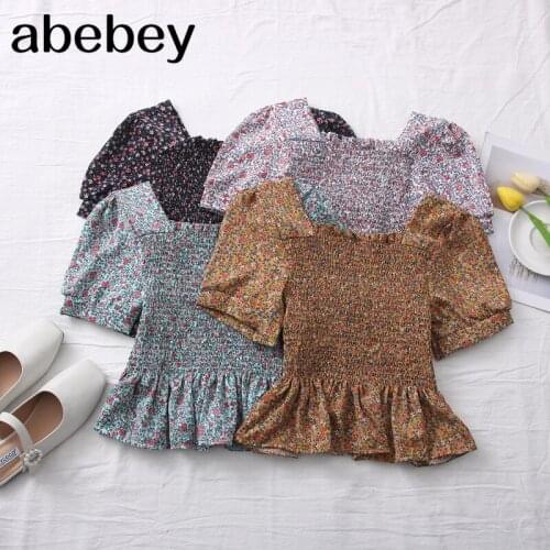 2021 Style Women Summer Blouse Korean Square Collar Puff Sleeve Short Tops Solid Slim Elastic Ruched Blouses