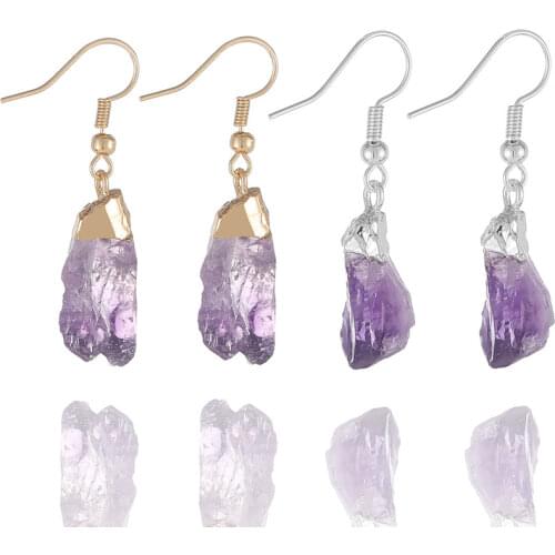 Natural Unpolished Raw Quartz Purple Crystal Dangle Earrings for Women 1pair