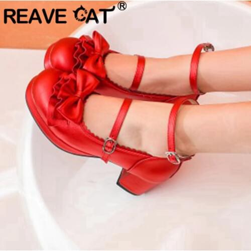 REAVE CAT New 2021 Women Pumps Sweet Cute Lolita Round Toe 5cm Heels Platform Faux Genuine Leather Bowknot Ruffles Buckle A3298