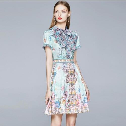 Womens spring summer short sleeve flower print A-line dress female bow collar slim chic dress TB588