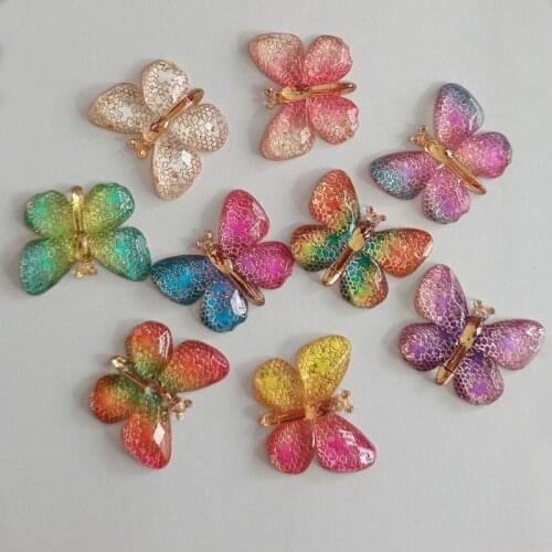 10pcs 25*33mm Glitter Colorful Resin Butterfly Flatback Rhinestone 1 Hole Ornaments Pendants Resin DIY Wedding Appliques Craft