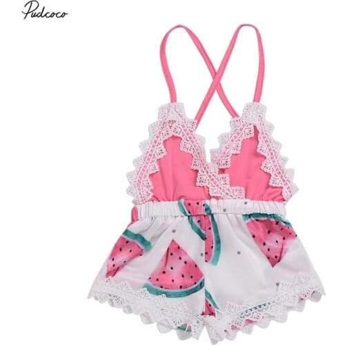 2019 Brand Newborn Toddler Baby Girl Romper Lace Jumpsuit Outfit Watermelon Summer Clothes Sute Halter Lace Baby Playsuit