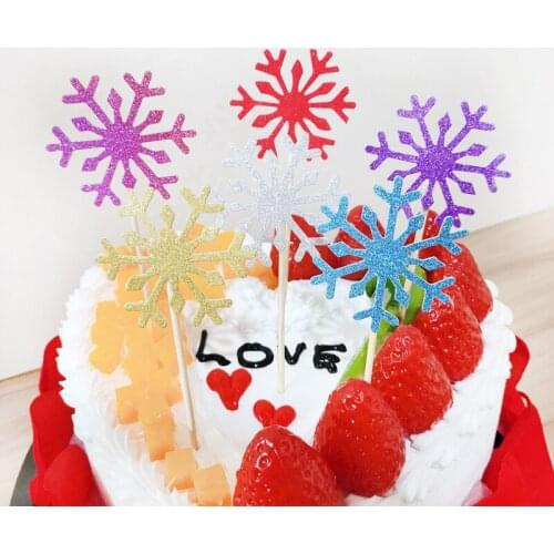 50pcs Colorful Sparkling Snowflake Shape Merry Christmas Ice-cream Cupcake Toppers Picks Happy New Year Party Cake Decor Supply