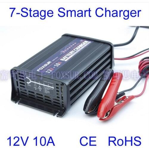 FOXSUR 12V 10A Car battery charger 7-stage smart Lead Acid Battery Charger Aluminum pulse chargeInput voltage: 180-260V AC, 50Hz