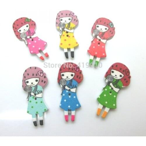 Free shipping -50Pcs Mixed Lovely Cartoon Little Girl 2 Holes Multicolor Wood Sewing Buttons Scrapbooking 3.7x1.7cm D0159