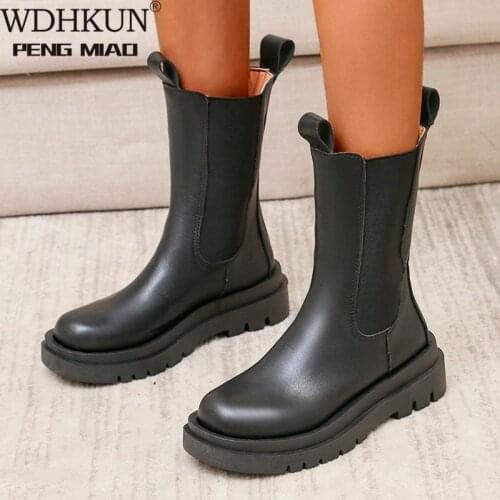 Chelsea Boots Chunky Boots Women Winter Shoes PU Leather Plush Ankle Boots Black Female Autumn Fashion Platform Booties
