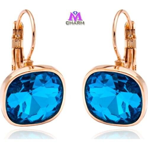 Brand Original!2015 New Fashion Sea Blue Austrian Rhinestone Square SWA Crystal Jewelry Drop Earrings For Women E0612-07