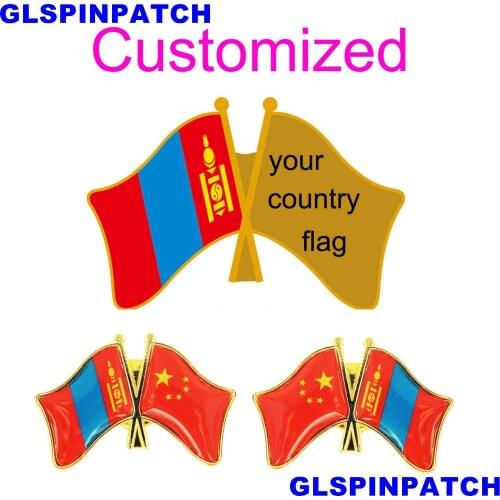 Mongolia Crossed Friendship Flag Double Country lapel pin Brooch USA UK France Chile Russia Saudi Arabia Japan Spain Badge