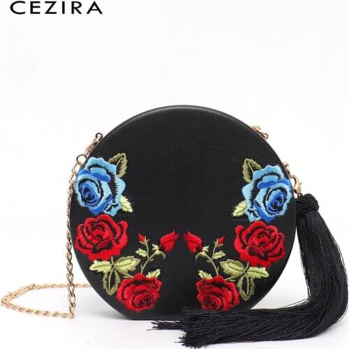 CEZIRA Women Luxury Flower Embroidery Handbags PU Leather Elegant Round Clutch Evening Bag Tassel Female Vintage Crossbody Pouch
