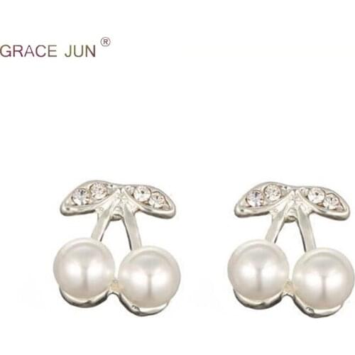 New Fashion Double Simulated Pearl Rhinestone Cherry Shape Clip on Earrings Non Piering for Women Pom Party Ear Clip Accessory