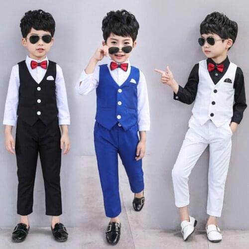 Boys Vest Suit Sets Spring Autumn Childrens British Style Host Piano Show Birthday Costume Kids Vest Shirts Pants Clothing Sets